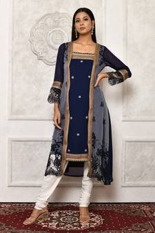 Navy-blue embroidered georgette kurta &-sets