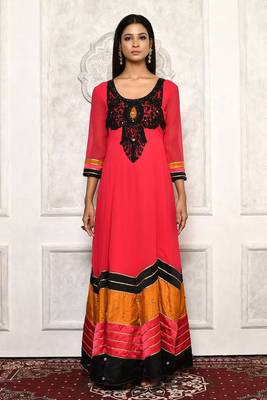 Red embroidered georgette kurta &-sets 2