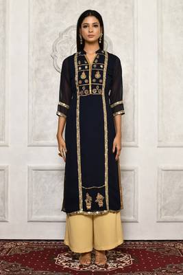 Navy-blue embroidered georgette kurta &-sets 2