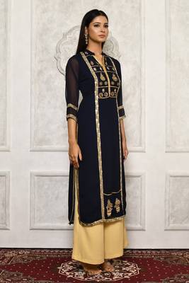 Navy-blue embroidered georgette kurta &-sets 3