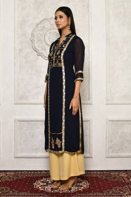Navy-blue embroidered georgette kurta &-sets 5