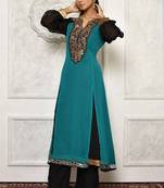 Green embroidered georgette kurta &-sets