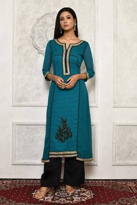 Green embroidered georgette kurta &-sets 1