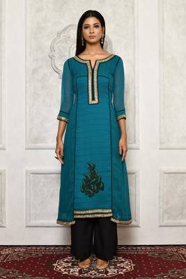 Green embroidered georgette kurta &-sets 2