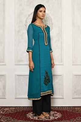 Green embroidered georgette kurta &-sets 3