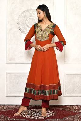 Orange embroidered georgette kurta &-sets 1