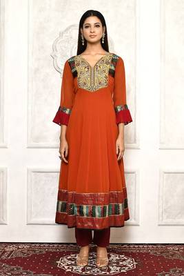 Orange embroidered georgette kurta &-sets 2