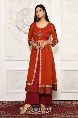 Orange embroidered georgette kurta &-sets 1