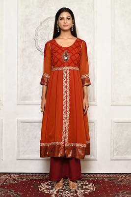 Orange embroidered georgette kurta &-sets 2