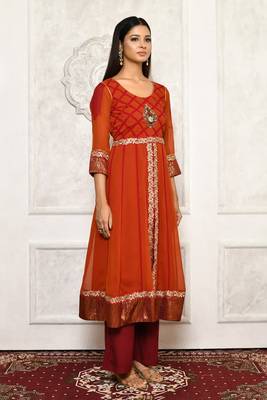 Orange embroidered georgette kurta &-sets 3