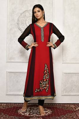 Maroon embroidered georgette kurta &-sets 1