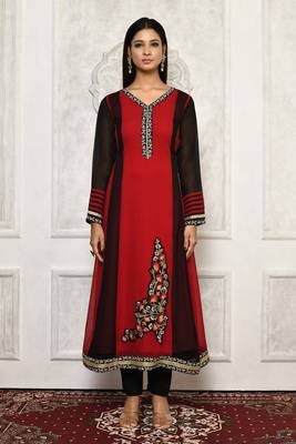 Maroon embroidered georgette kurta &-sets 2