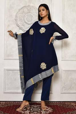 Navy-blue embroidered georgette kurta &-sets 1