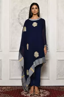 Navy-blue embroidered georgette kurta &-sets