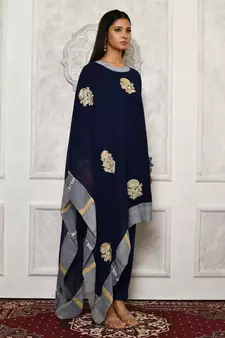 Navy-blue embroidered georgette kurta &-sets