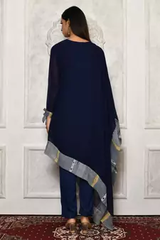 Navy-blue embroidered georgette kurta &-sets