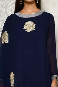 Navy-blue embroidered georgette kurta &-sets