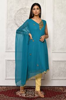 Green embroidered georgette kurta &-sets