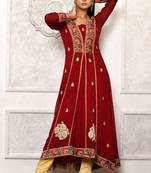 Maroon embroidered georgette kurta &-sets