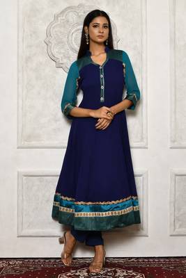 Navy-blue embroidered georgette kurta &-sets 1