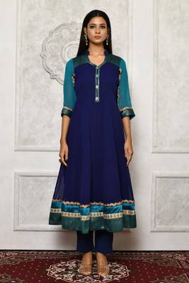 Navy-blue embroidered georgette kurta &-sets 2