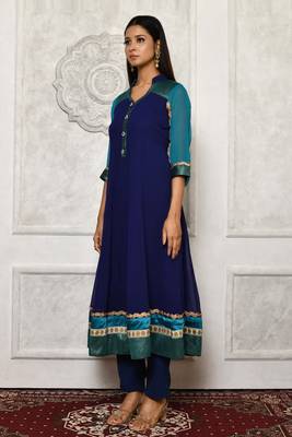 Navy-blue embroidered georgette kurta &-sets 3