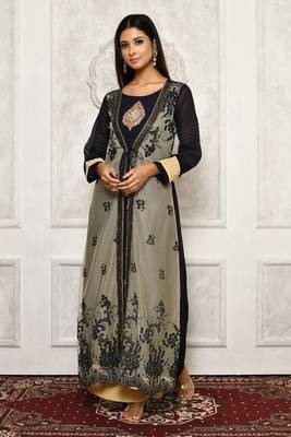 Navy-blue embroidered georgette kurta &-sets 1
