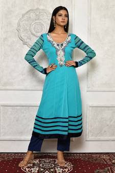 Light-sea-green embroidered georgette kurta &-sets