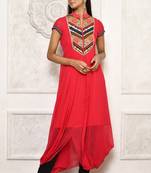 Red embroidered georgette kurta &-sets