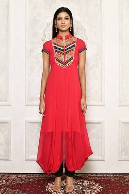 Red embroidered georgette kurta &-sets 2