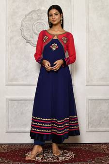 Blue embroidered georgette kurta &-sets