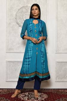 Blue embroidered georgette kurta &-sets