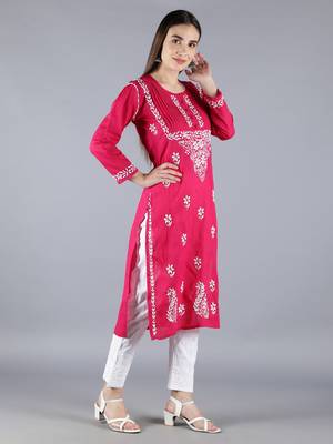Magenta embroidered cotton chikankari-kurtis 3