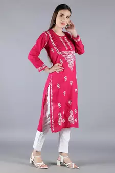 Magenta embroidered cotton chikankari-kurtis