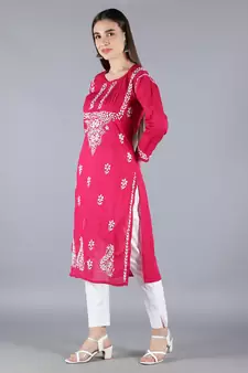 Magenta embroidered cotton chikankari-kurtis