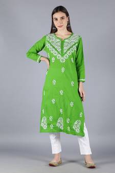 Green embroidered cotton chikankari-kurtis