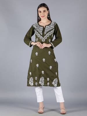 Green embroidered cotton chikankari-kurtis 1