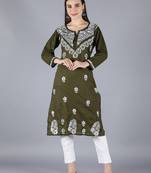 Green embroidered cotton chikankari-kurtis