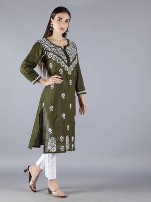 Green embroidered cotton chikankari-kurtis 3