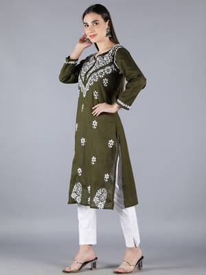 Green embroidered cotton chikankari-kurtis 4