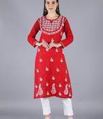 Red embroidered cotton chikankari-kurtis