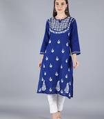 Royal-blue embroidered cotton chikankari-kurtis