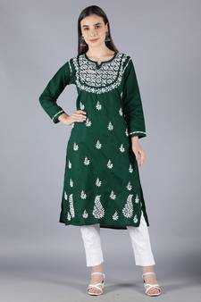 Green embroidered cotton chikankari-kurtis