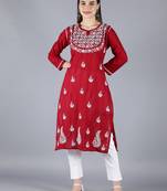 Maroon embroidered cotton chikankari-kurtis