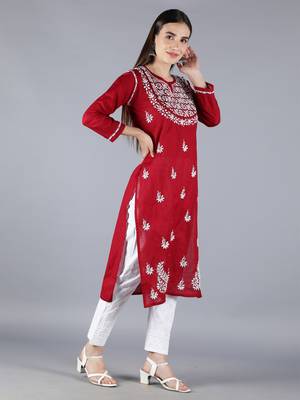 Maroon embroidered cotton chikankari-kurtis 3