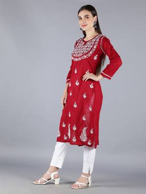 Maroon embroidered cotton chikankari-kurtis 4