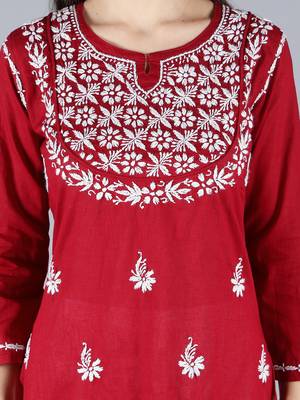 Maroon embroidered cotton chikankari-kurtis 5