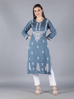 Grey embroidered cotton chikankari-kurtis 1