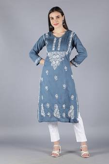Grey embroidered cotton chikankari-kurtis