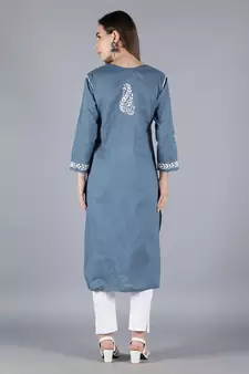Grey embroidered cotton chikankari-kurtis